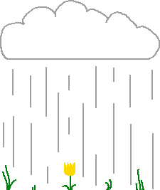 An animation showing a cloud raining on some sparse grass and a flower